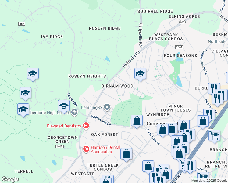 map of restaurants, bars, coffee shops, grocery stores, and more near 102 Blithe Court in Charlottesville