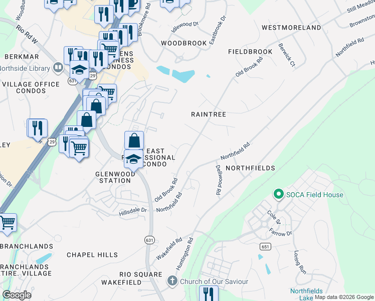 map of restaurants, bars, coffee shops, grocery stores, and more near 1001-1597 Old Brook Rd in Charlottesville