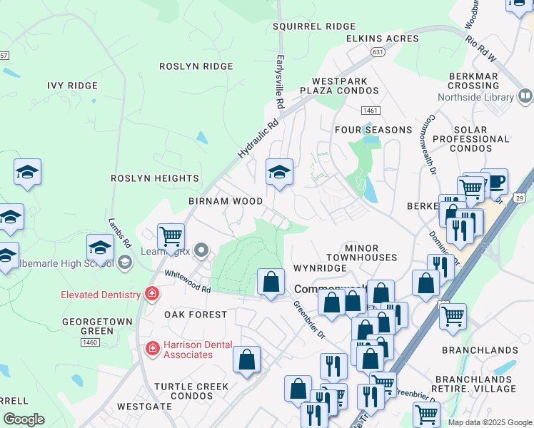map of restaurants, bars, coffee shops, grocery stores, and more near 1714 Webland Drive in Charlottesville