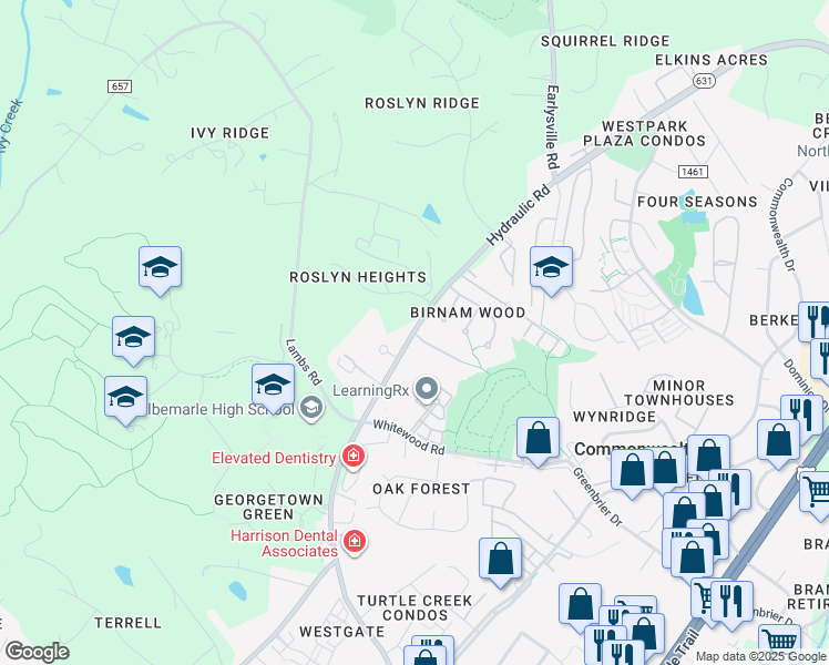 map of restaurants, bars, coffee shops, grocery stores, and more near 100 Woodgate Court in Charlottesville