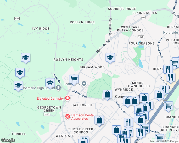 map of restaurants, bars, coffee shops, grocery stores, and more near 102 Blithe Court in Charlottesville