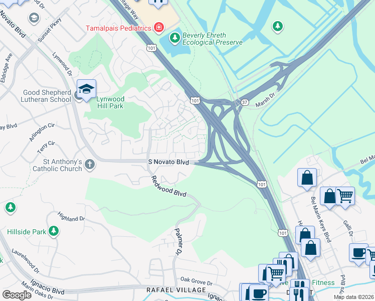 map of restaurants, bars, coffee shops, grocery stores, and more near 49 Los Padres Circle in Novato