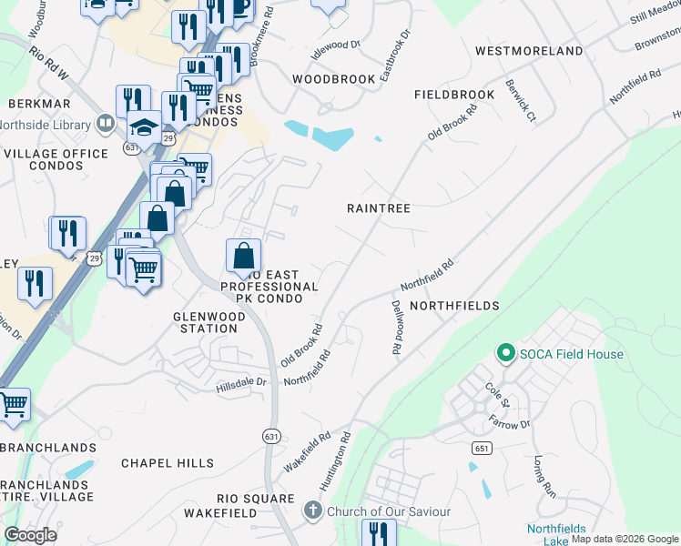 map of restaurants, bars, coffee shops, grocery stores, and more near 1001-1597 Old Brook Rd in Charlottesville