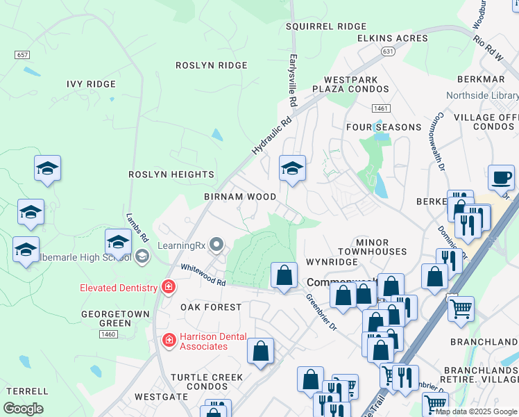 map of restaurants, bars, coffee shops, grocery stores, and more near 1523 Birnam Drive in Charlottesville