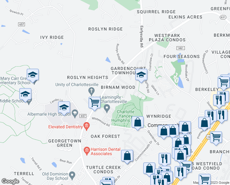 map of restaurants, bars, coffee shops, grocery stores, and more near 104 Blithe Court in Charlottesville