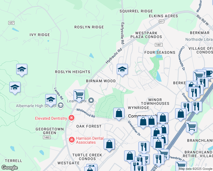 map of restaurants, bars, coffee shops, grocery stores, and more near 1528 Birnam Drive in Charlottesville