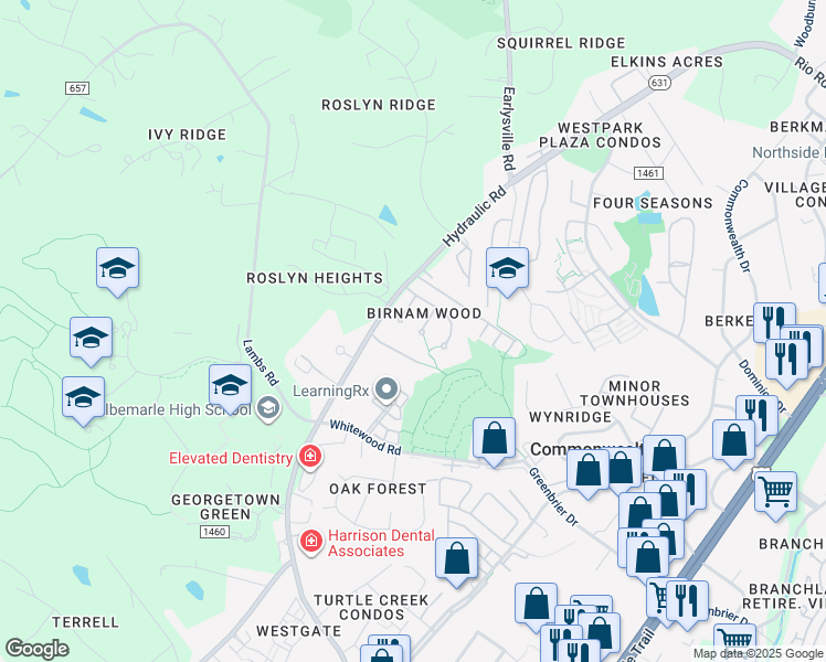 map of restaurants, bars, coffee shops, grocery stores, and more near 104 Blithe Court in Charlottesville
