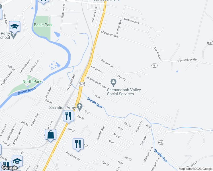 map of restaurants, bars, coffee shops, grocery stores, and more near 920 Shenandoah Avenue in Waynesboro