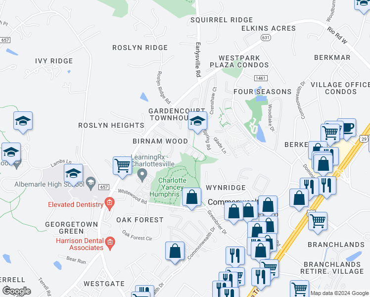 map of restaurants, bars, coffee shops, grocery stores, and more near 1719 Webland Park in Charlottesville