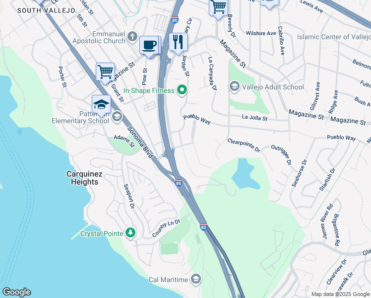map of restaurants, bars, coffee shops, grocery stores, and more near 173 Jordan Street in Vallejo