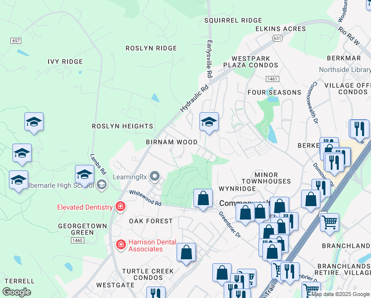 map of restaurants, bars, coffee shops, grocery stores, and more near 1527 Birnam Drive in Charlottesville