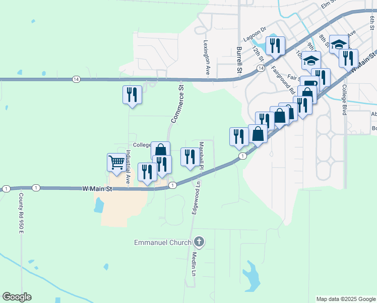 map of restaurants, bars, coffee shops, grocery stores, and more near 248-340 Commerce Street in Carmi