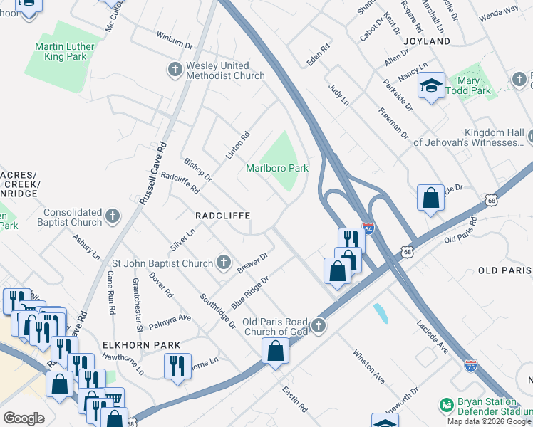 map of restaurants, bars, coffee shops, grocery stores, and more near 1839 Donco Court in Lexington