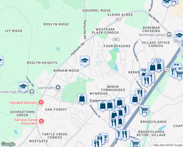 map of restaurants, bars, coffee shops, grocery stores, and more near 1640 Cool Spring Road in Charlottesville