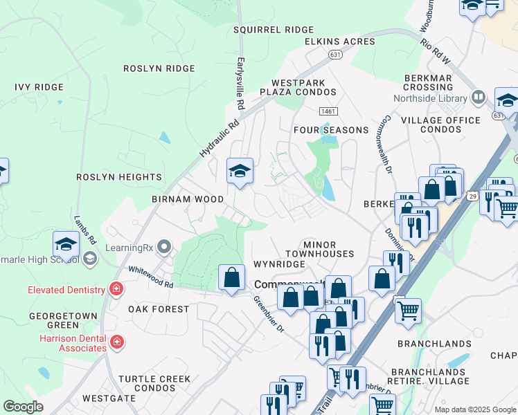 map of restaurants, bars, coffee shops, grocery stores, and more near 1640 Cool Spring Road in Charlottesville