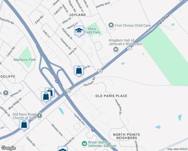 map of restaurants, bars, coffee shops, grocery stores, and more near U.S. 27 in Lexington