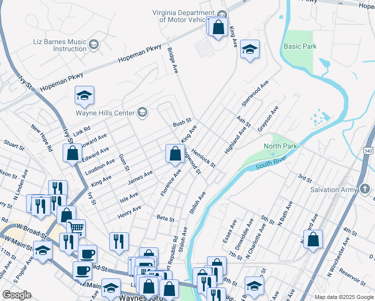 map of restaurants, bars, coffee shops, grocery stores, and more near 609 Florence Avenue in Waynesboro