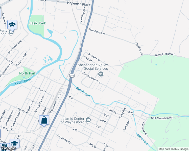map of restaurants, bars, coffee shops, grocery stores, and more near 1015 North Forest Avenue in Waynesboro