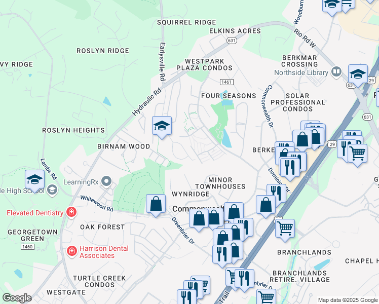 map of restaurants, bars, coffee shops, grocery stores, and more near 318 Glade Lane in Charlottesville