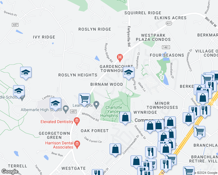 map of restaurants, bars, coffee shops, grocery stores, and more near 127 Blithe Court in Charlottesville
