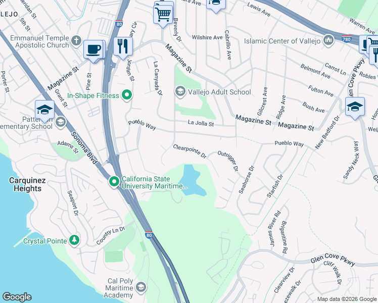 map of restaurants, bars, coffee shops, grocery stores, and more near 248 Clearpointe Drive in Vallejo