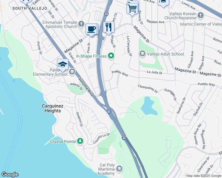 map of restaurants, bars, coffee shops, grocery stores, and more near Sequoia Avenue in Vallejo