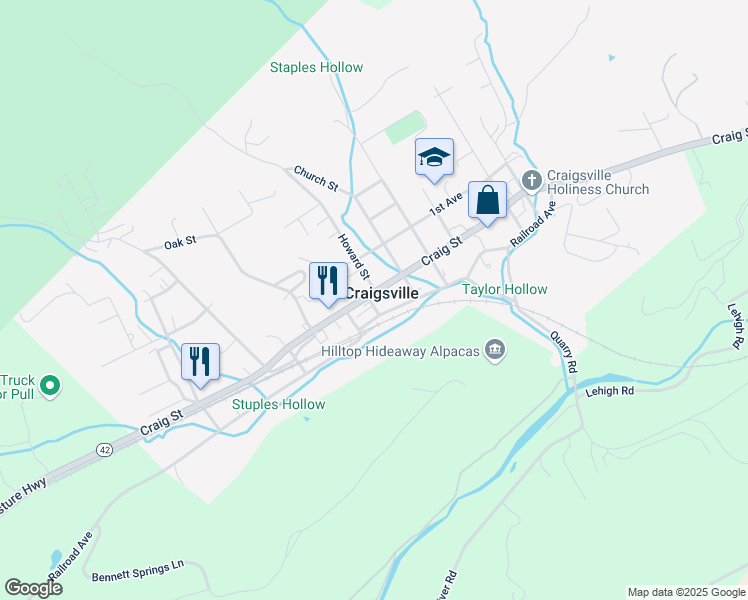 map of restaurants, bars, coffee shops, grocery stores, and more near 47 Craig Street in Craigsville