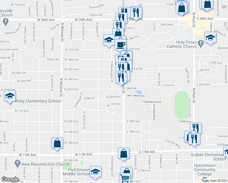 map of restaurants, bars, coffee shops, grocery stores, and more near 27 West 23rd Avenue in Hutchinson