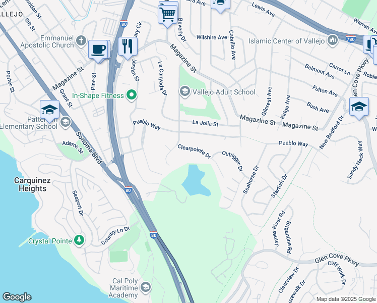 map of restaurants, bars, coffee shops, grocery stores, and more near 227 Clearpointe Drive in Vallejo