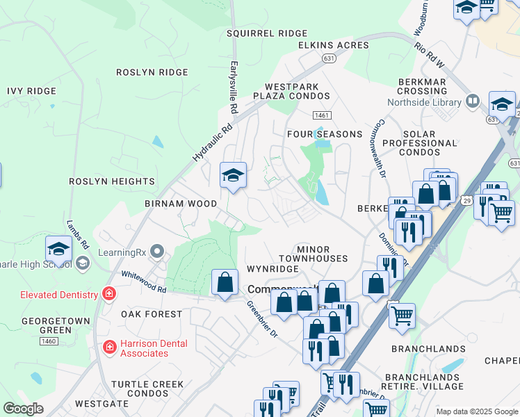 map of restaurants, bars, coffee shops, grocery stores, and more near 309 Glade Lane in Charlottesville