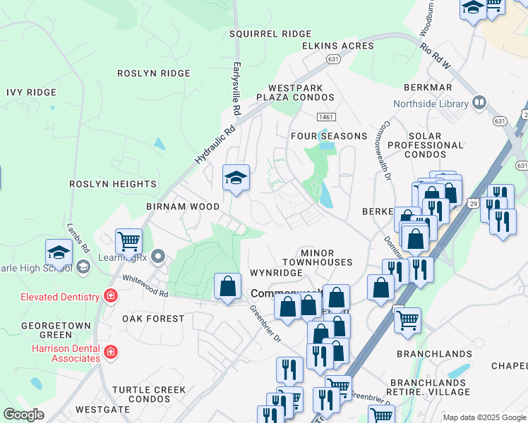 map of restaurants, bars, coffee shops, grocery stores, and more near 309 Glade Lane in Charlottesville