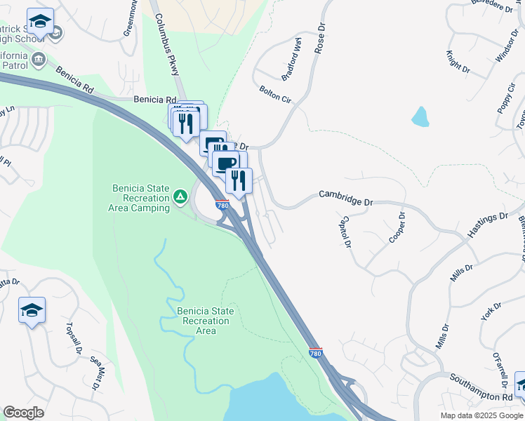 map of restaurants, bars, coffee shops, grocery stores, and more near 900 Cambridge Drive in Benicia