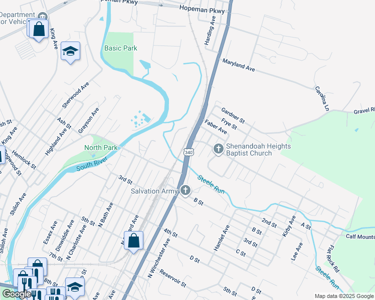 map of restaurants, bars, coffee shops, grocery stores, and more near North Delphine Avenue in Waynesboro
