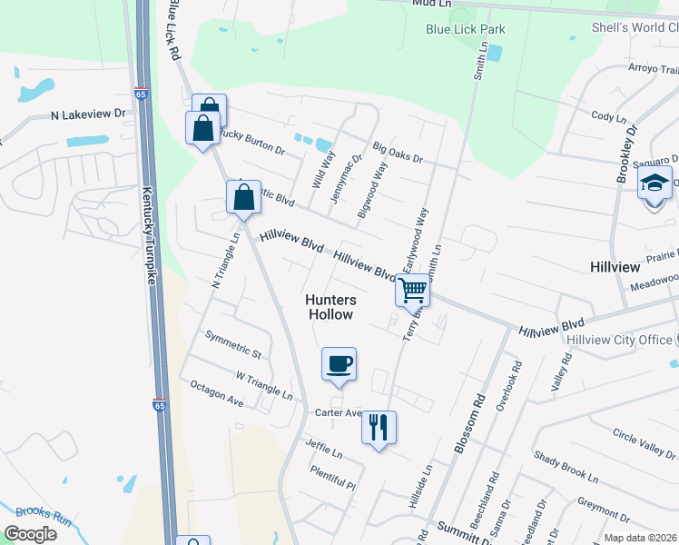 map of restaurants, bars, coffee shops, grocery stores, and more near 11300 Angelina Road in Louisville