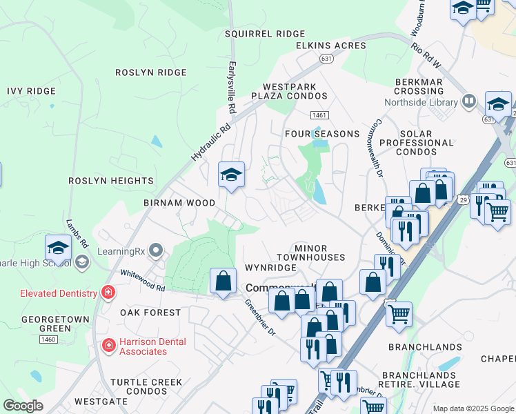 map of restaurants, bars, coffee shops, grocery stores, and more near 307 Glade Lane in Charlottesville