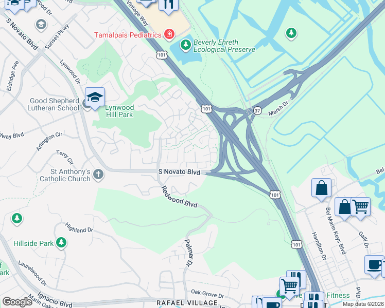 map of restaurants, bars, coffee shops, grocery stores, and more near 76 Tahoe Circle in Novato