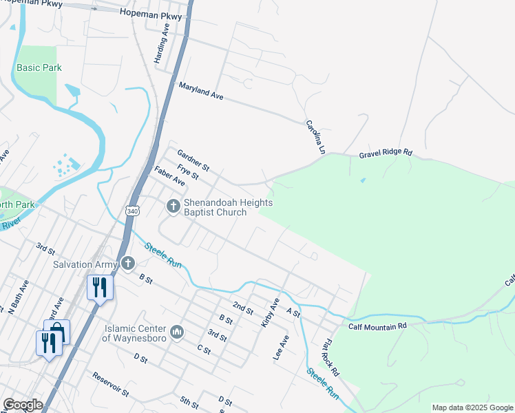 map of restaurants, bars, coffee shops, grocery stores, and more near Gardner Street in Waynesboro
