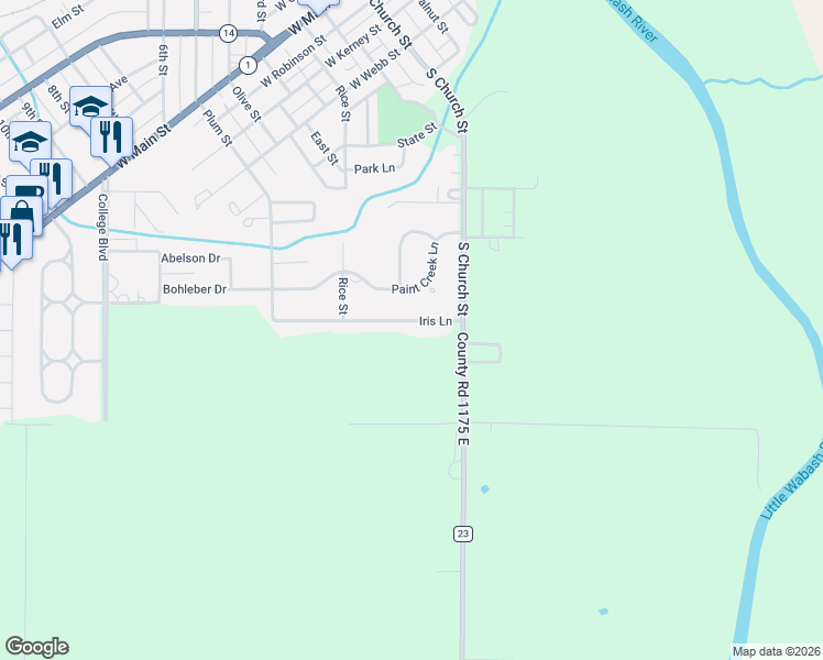 map of restaurants, bars, coffee shops, grocery stores, and more near 114 Iris Lane in Carmi