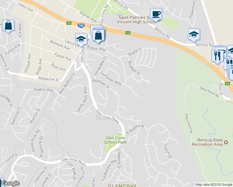 map of restaurants, bars, coffee shops, grocery stores, and more near 401 Wellfleet Drive in Vallejo