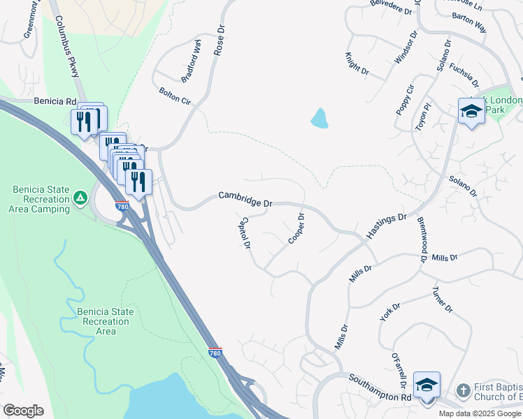 map of restaurants, bars, coffee shops, grocery stores, and more near 592 Capitol Drive in Benicia