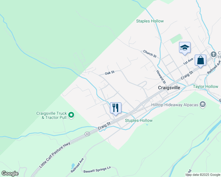 map of restaurants, bars, coffee shops, grocery stores, and more near 134 Chestnut Avenue in Craigsville