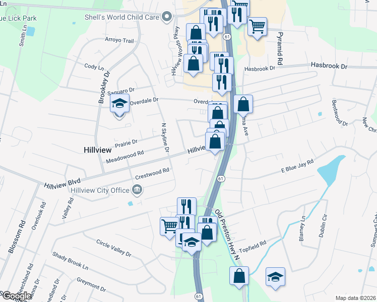 map of restaurants, bars, coffee shops, grocery stores, and more near 286 Hillview Boulevard in Louisville
