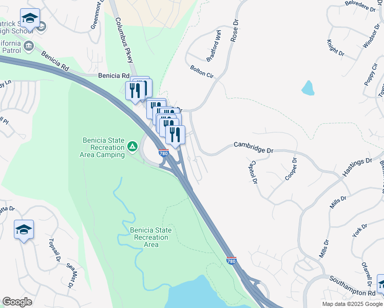 map of restaurants, bars, coffee shops, grocery stores, and more near 900 Cambridge Drive in Benicia