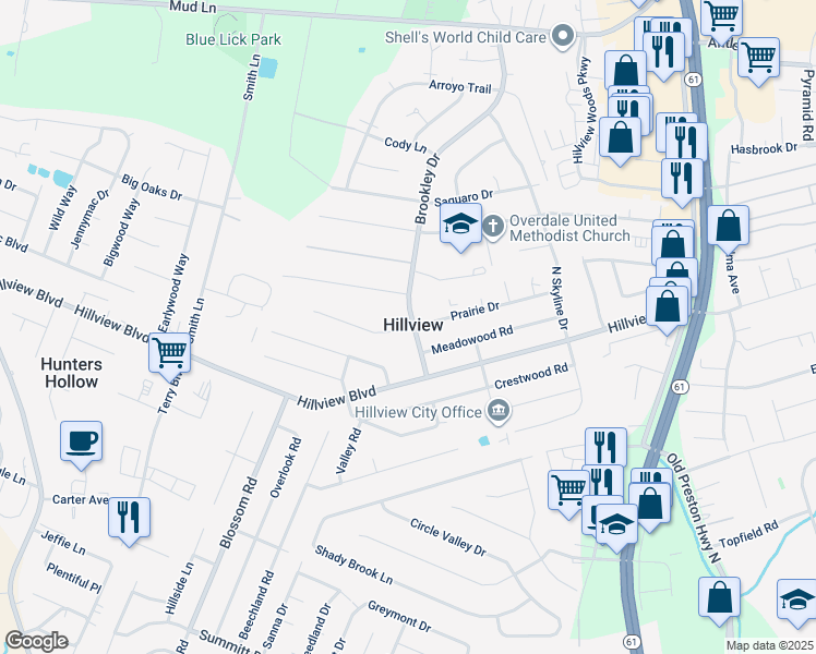 map of restaurants, bars, coffee shops, grocery stores, and more near 570 Prairie Drive in Louisville