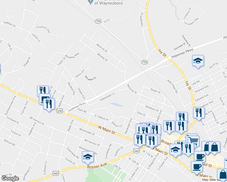 map of restaurants, bars, coffee shops, grocery stores, and more near 543 Edwardian Lane in Waynesboro