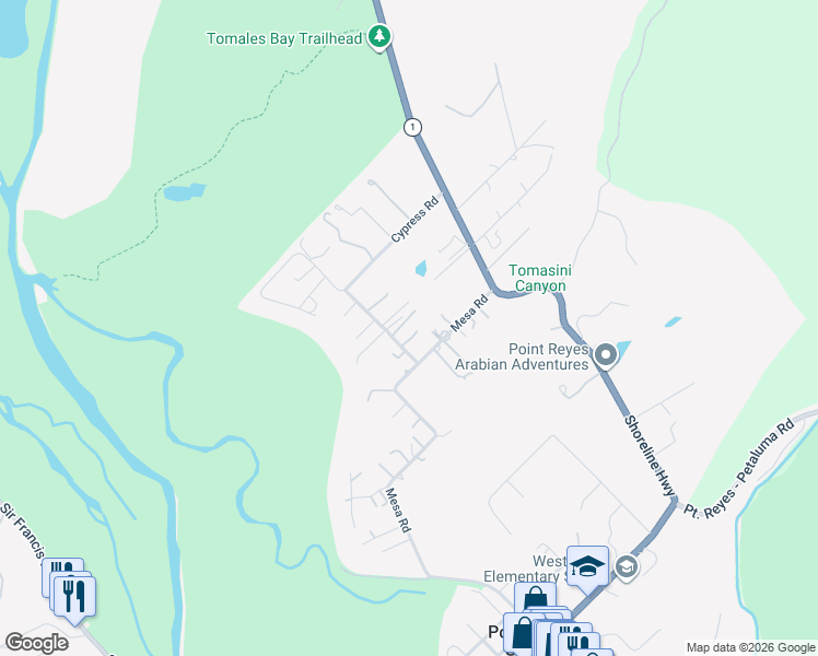 map of restaurants, bars, coffee shops, grocery stores, and more near 36 Cypress Road in Point Reyes Station