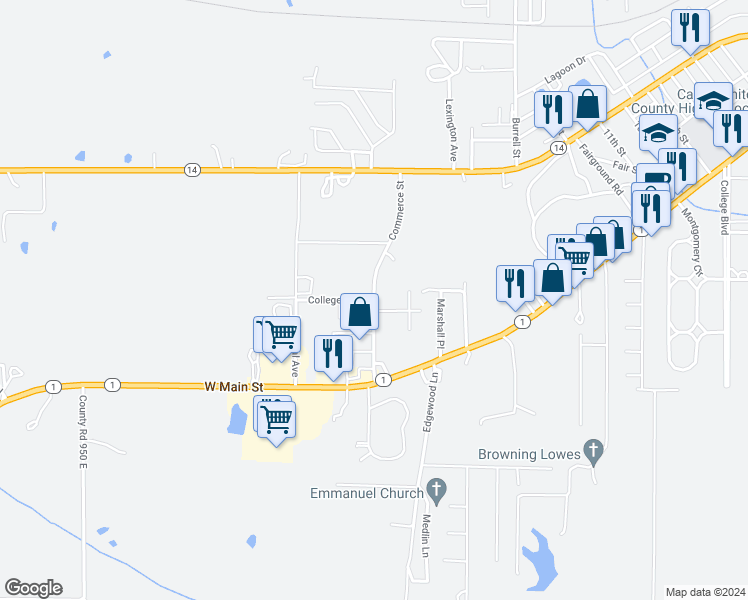 map of restaurants, bars, coffee shops, grocery stores, and more near 248 Commerce Street in Carmi