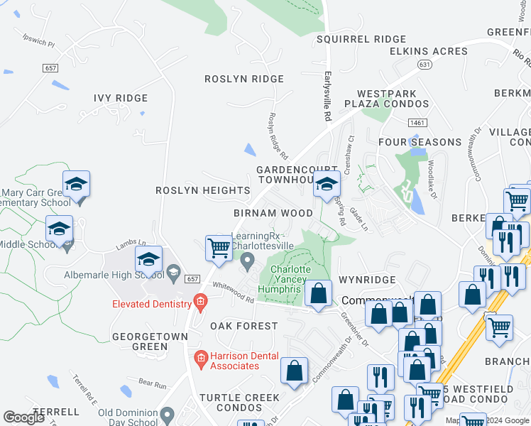 map of restaurants, bars, coffee shops, grocery stores, and more near 121 Tintern Court in Charlottesville