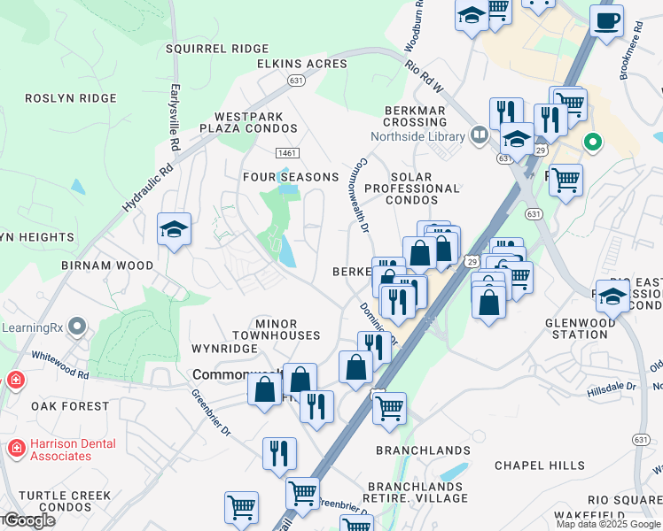 map of restaurants, bars, coffee shops, grocery stores, and more near 26 Woodlake Drive in Charlottesville