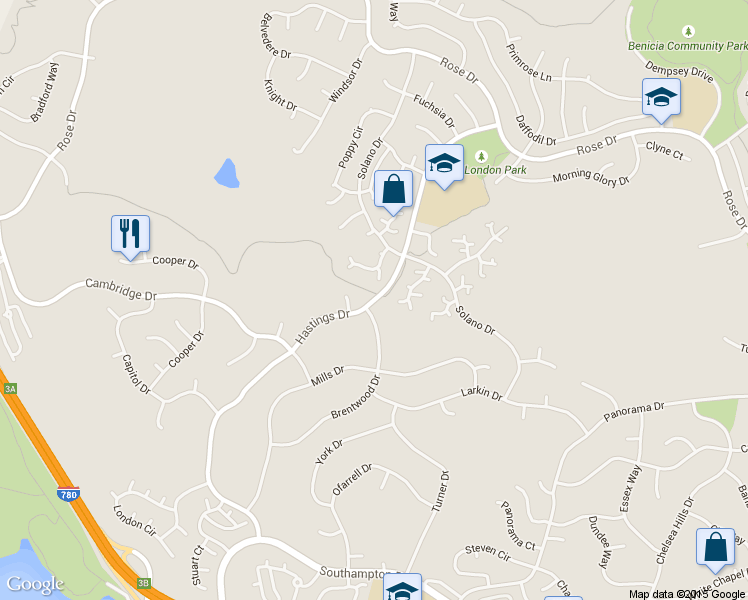 map of restaurants, bars, coffee shops, grocery stores, and more near 601 Hastings Drive in Benicia